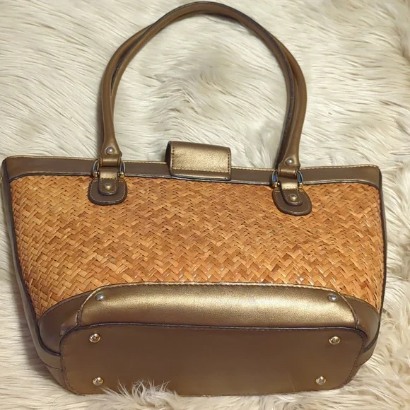Etienne Aigner 100%  Rattan with Bronze Trim Tote Bag 15” x 9” - Picture 8 of 12